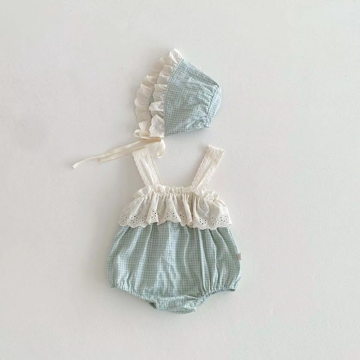 Summer Girls Romper & Cap Set - Cotton Bodysuit with Ruffled Lace Details