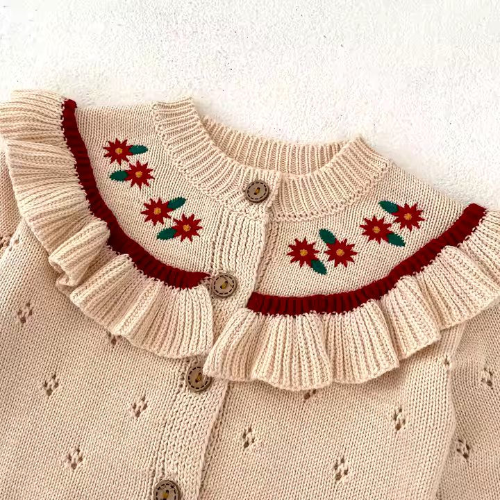 Knit Cardigan for babies - Embroidery & Ruffled Details