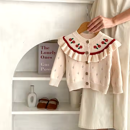 Knit Cardigan for babies - Embroidery & Ruffled Details