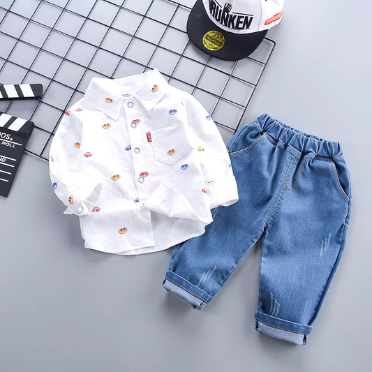 2-Piece Boys’ Clothing Set with Car Print- White