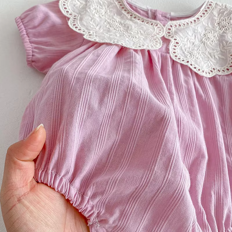 Short Sleeve Dress & Lace Neck Romper Set with headbands