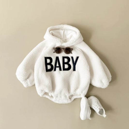 Lamb Wool Furry Hooded Bodysuit – Warm & Embroidered Winter Romper