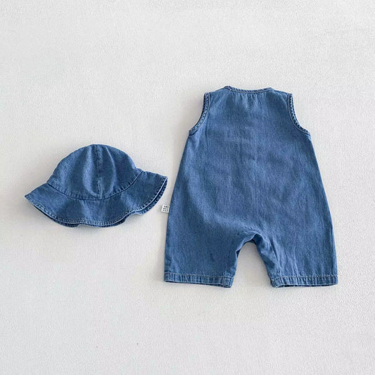 Little Maverick Denim Romper & Bucket Hat Set