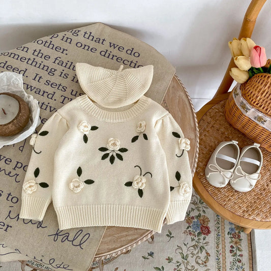 Adorable Newborn Knitted Cardigan with Woven Roses - Perfect for Winter Warmth