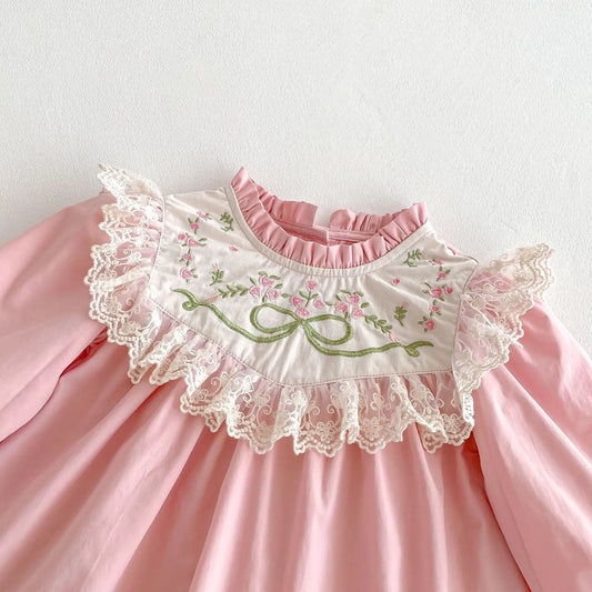 Enchanted Pink Lace Dress with Floral Embroidery
