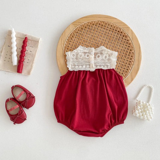 Sleeveless Cotton Bodysuit with Net Embroidered Yoke