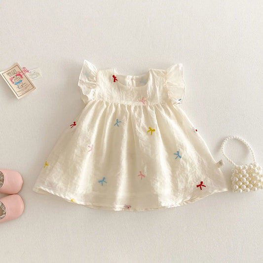 Sleeveless Romper/Dress with Embroidered Bows