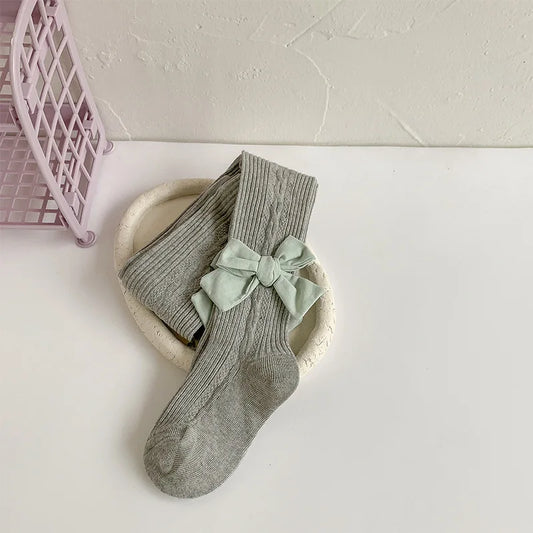 Premium Knitted Cotton Stockings/Tights for girls with cute bow - Grey