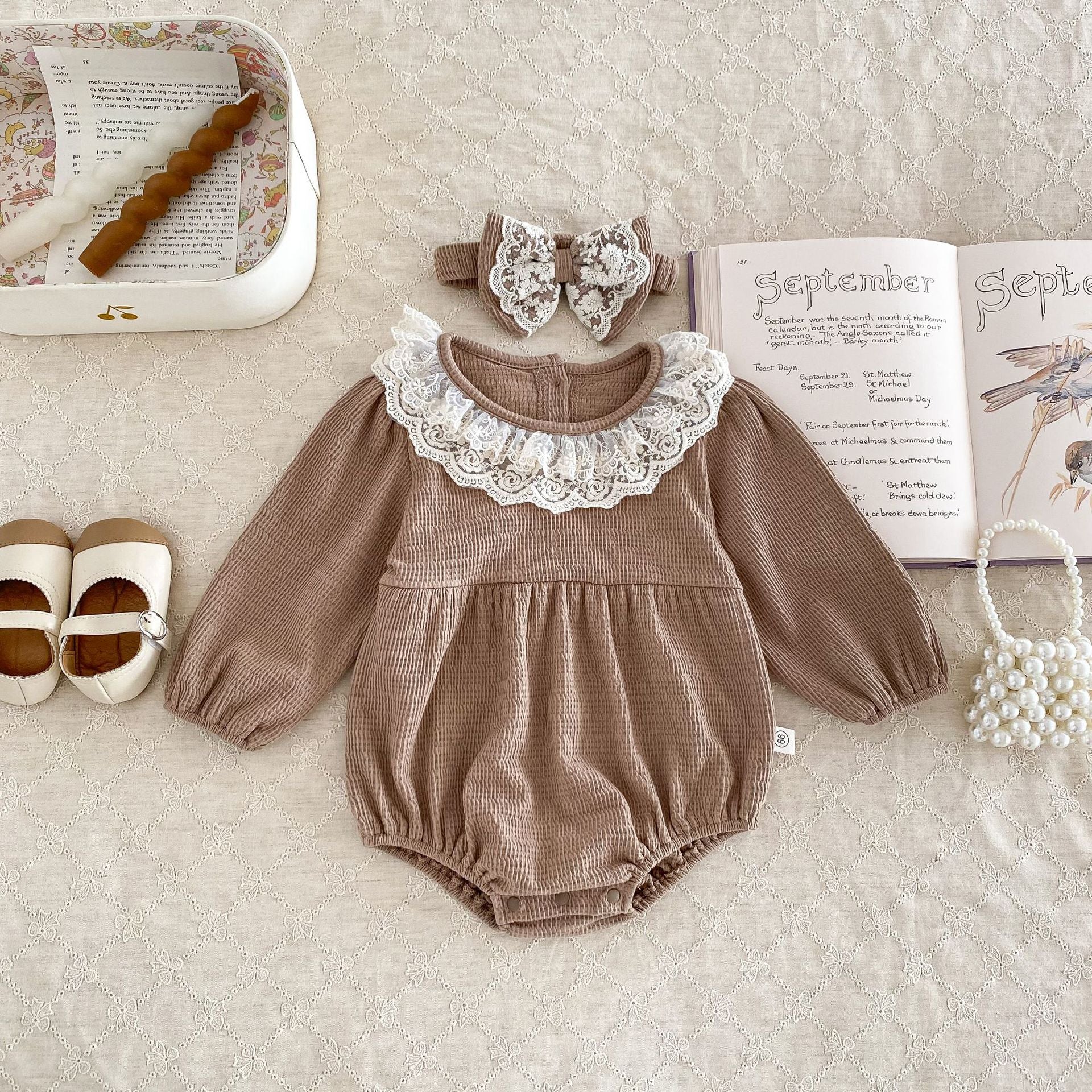 Charming Elegance: Infant Long Sleeve Waffle Jumpsuit with Lace Headband  6-12 Months