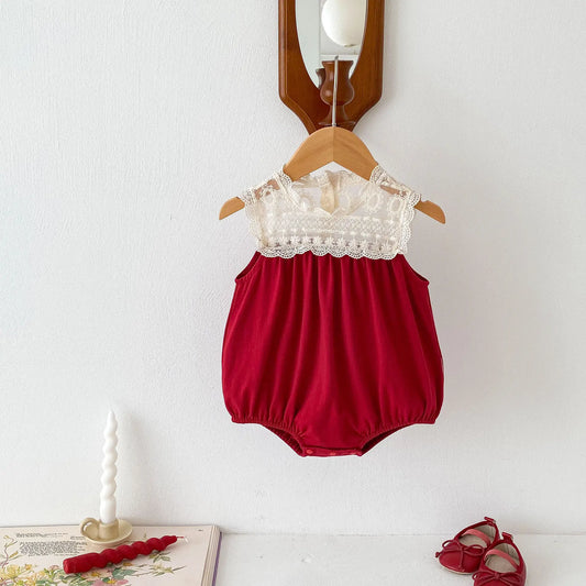 Sleeveless Cotton Bodysuit with Net Embroidered Yoke