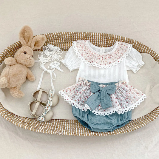 Summer Breeze 2-Piece Set: Printed Collar Top & Skirt Shorts