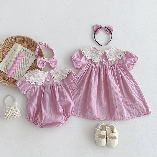 Short Sleeve Dress & Lace Neck Romper Set with headbands