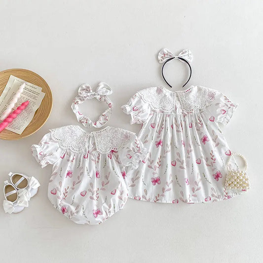 Floral Lace Lapel Dress with Hairband for Baby Girls