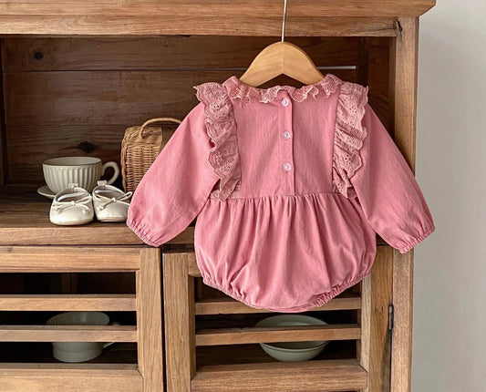 Elegant Lace Trim Fly Sleeve Pink Jumpsuit