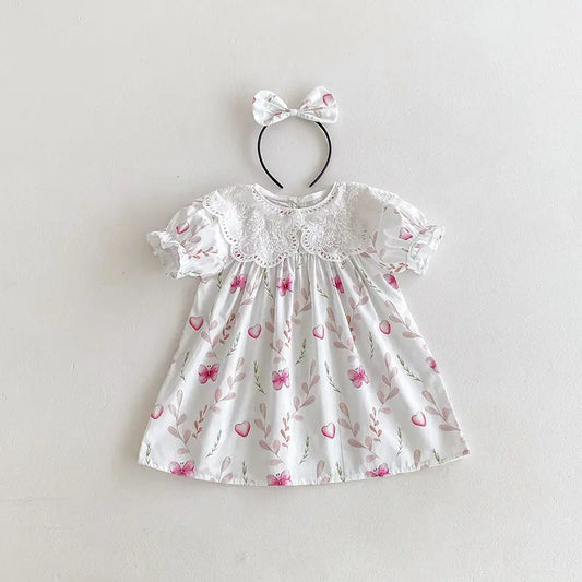 Floral Lace Lapel Dress with Hairband for Baby Girls