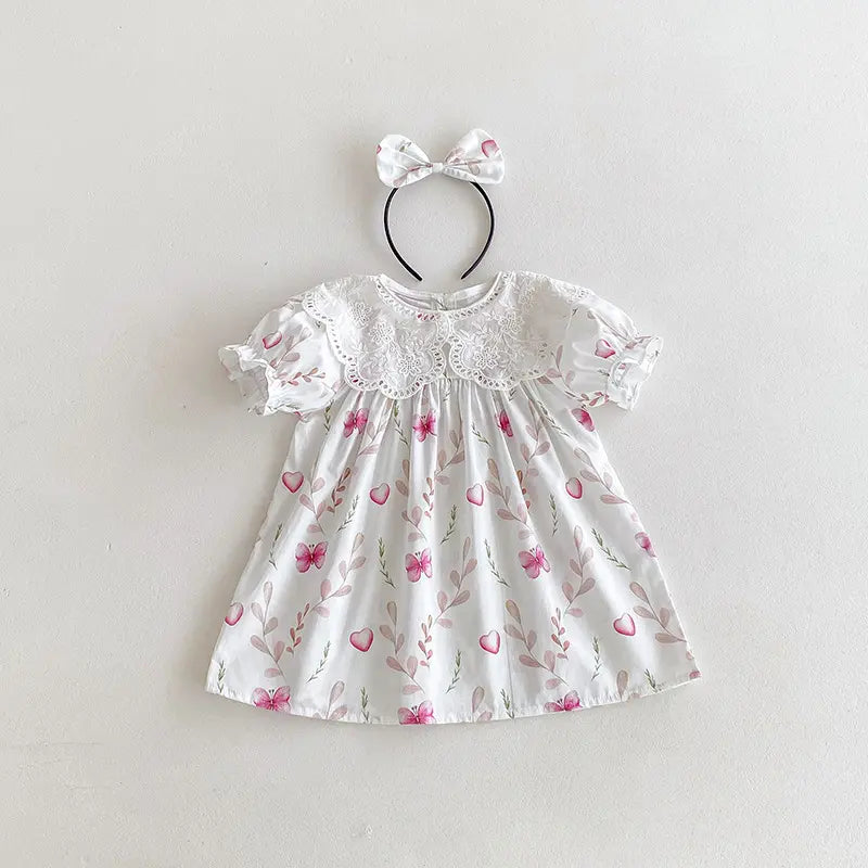 Floral Lace Lapel Dress with Hairband for Baby Girls