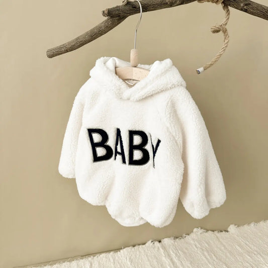 Lamb Wool Furry Hooded Bodysuit – Warm & Embroidered Winter Romper