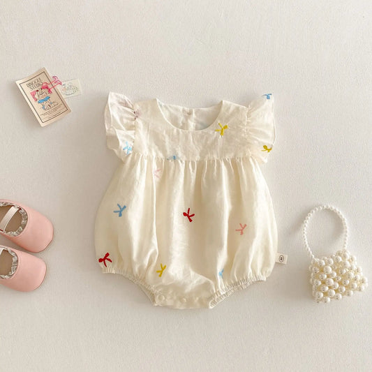 Sleeveless Romper/Dress with Embroidered Bows