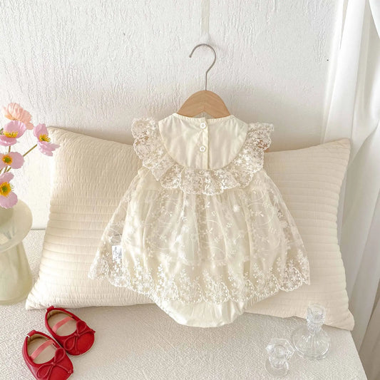 Little Princess Red Bow Embroidered Lace Summer Dress