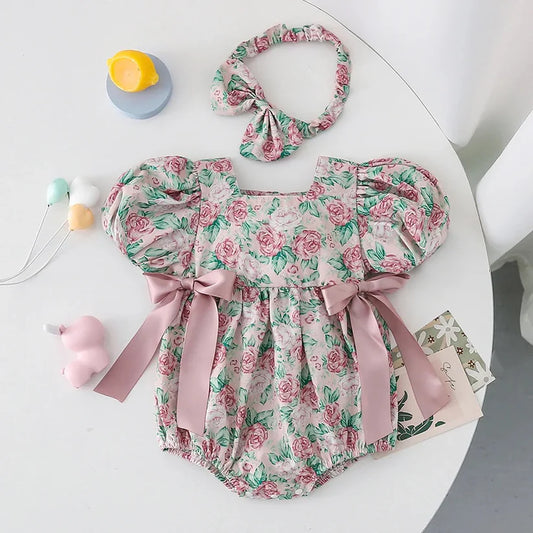 Adorable Floral Romper with Bows for Baby Girls