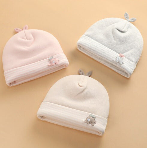 Cozy Cotton Double-Layered Newborn Caps Soft, Unisex with Cute Elephant Patch