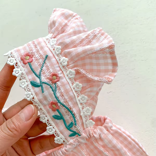 Baby Girl Embroidered Checker Romper with Hairband