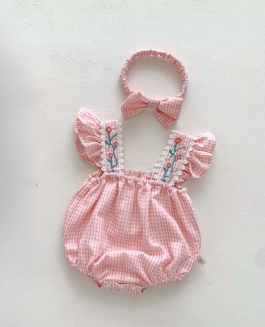 Baby Girl Embroidered Checker Romper with Hairband