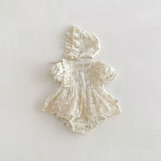 White lace baby romper with bonnet by crazy toes