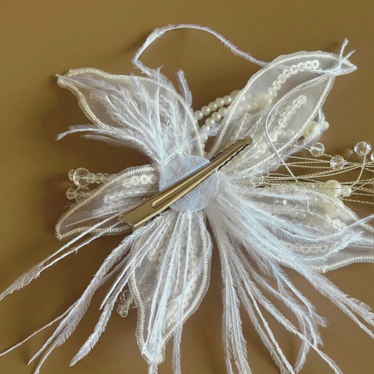 Delicate Flower Hair Clip with Feathers and Crystal Beads