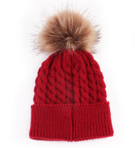 Thick Winter Baby Beanie Hats – Cable Knit with 8cm Fur Pom-Poms Soft Itch-Free