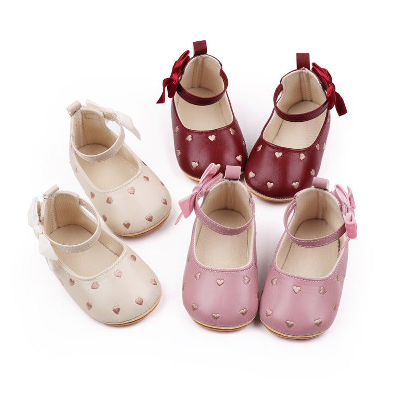 PU Leather Baby Girl Princess Shoes – Velvet Bow Heart Pattern