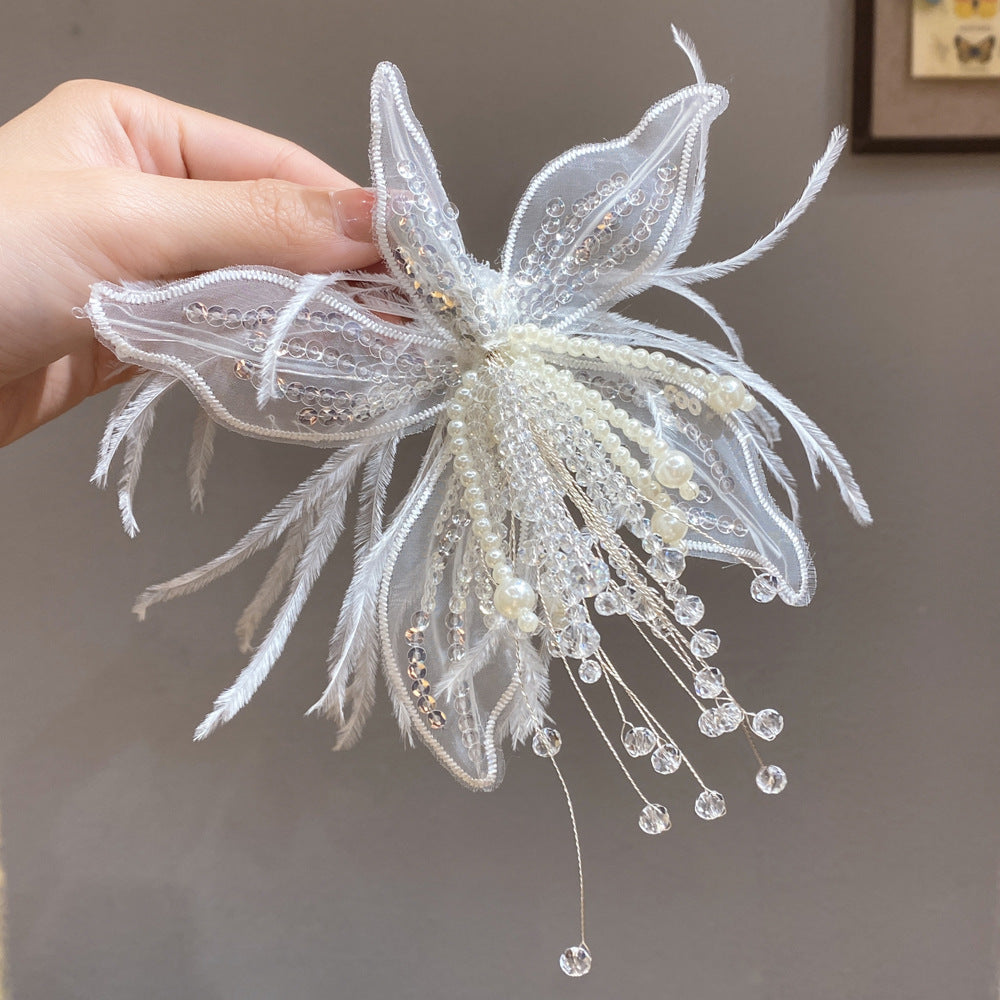 Delicate Flower Hair Clip with Feathers and Crystal Beads