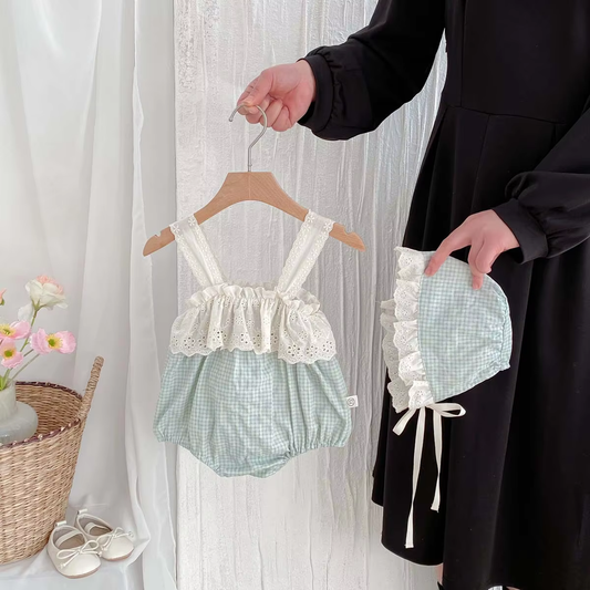 Summer Girls Romper & Cap Set - Cotton Bodysuit with Ruffled Lace Details