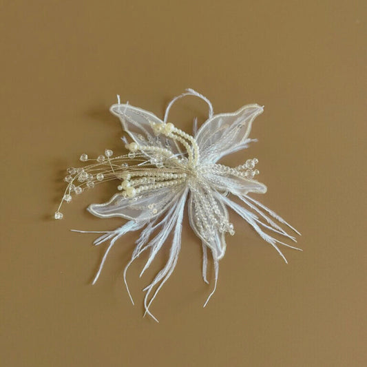 Delicate Flower Hair Clip with Feathers and Crystal Beads