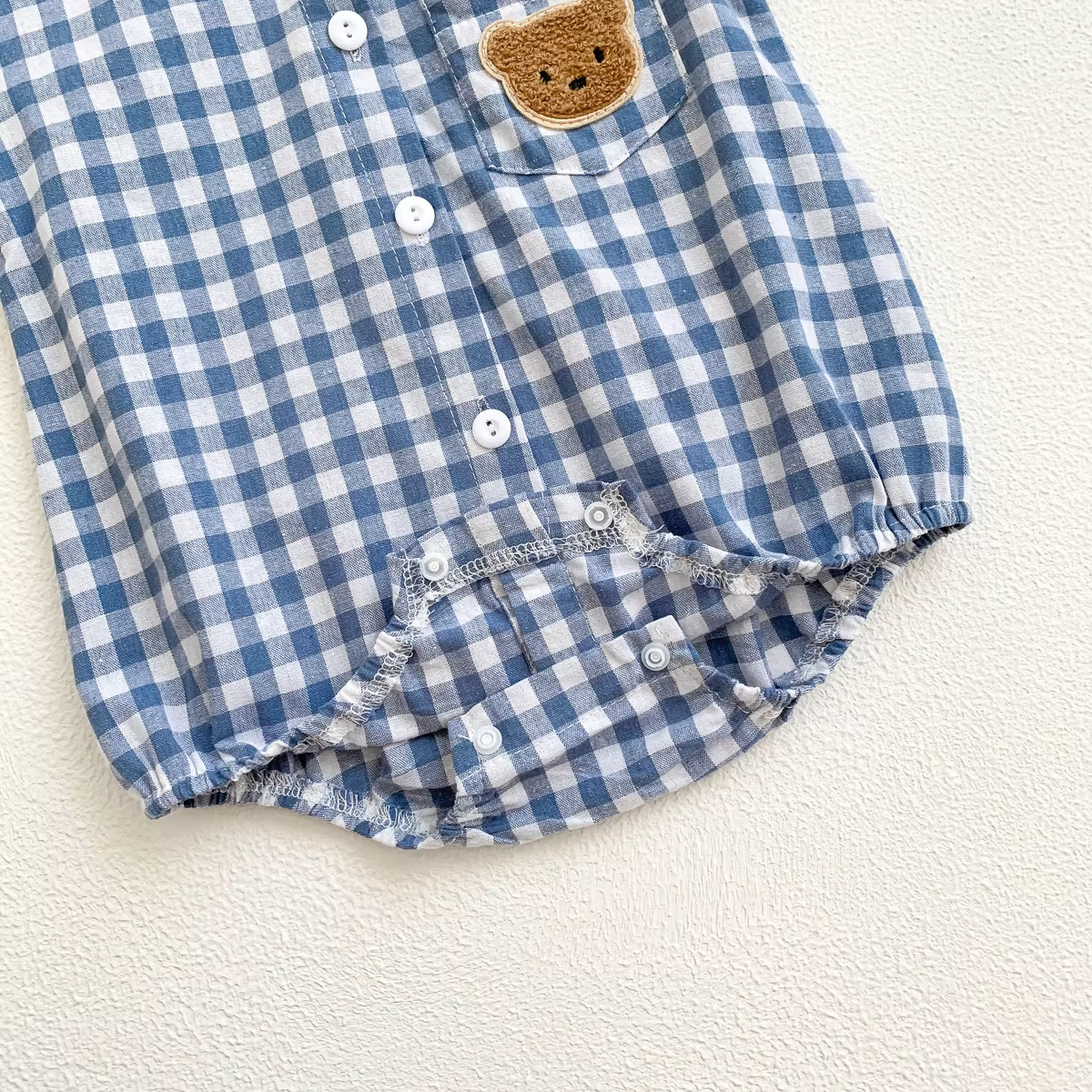 Cute Teddy Bear Romper: Checkered Short Sleeve for Baby Boys
