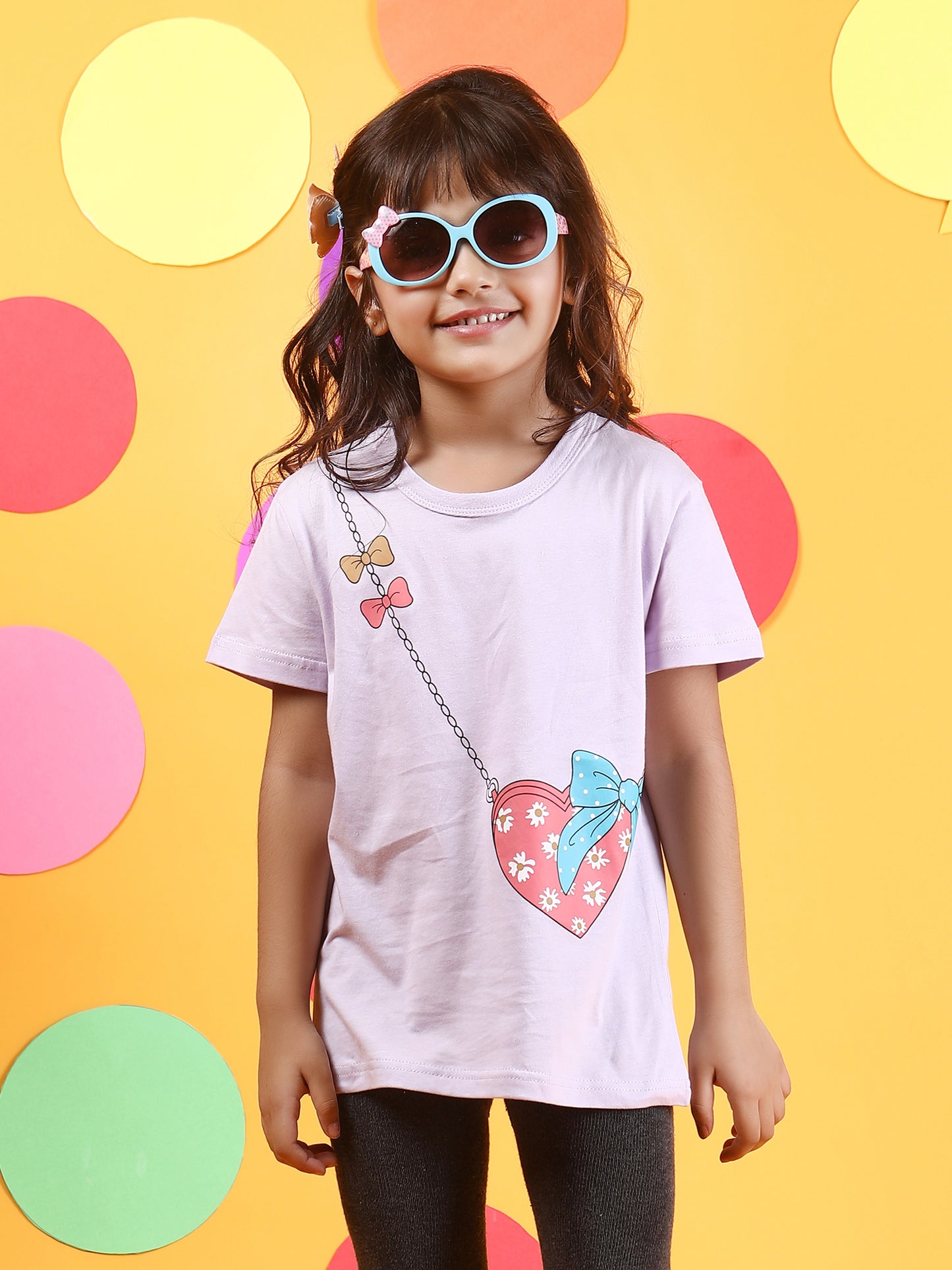 Purple Short Sleeve Girls' Summer T Shirt with a printed sling bag