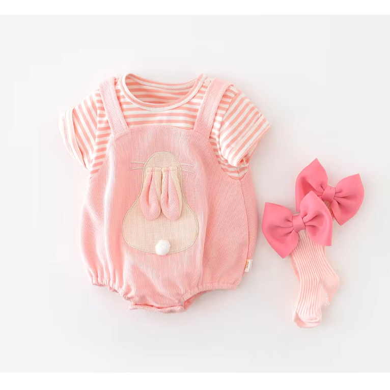 Cute Rabbit Romper for Baby Girls - Pure Cotton Jumpsuit with Stripes ...