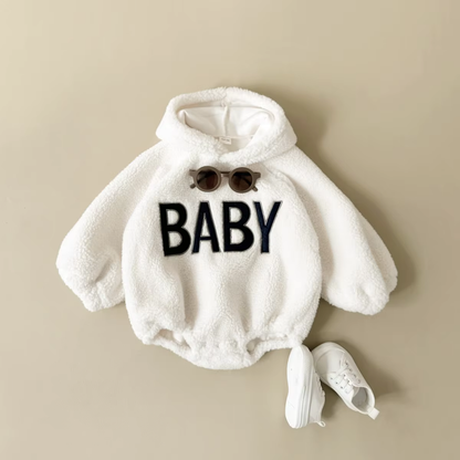 Lamb Wool Furry Hooded Bodysuit – Warm & Embroidered Winter Romper