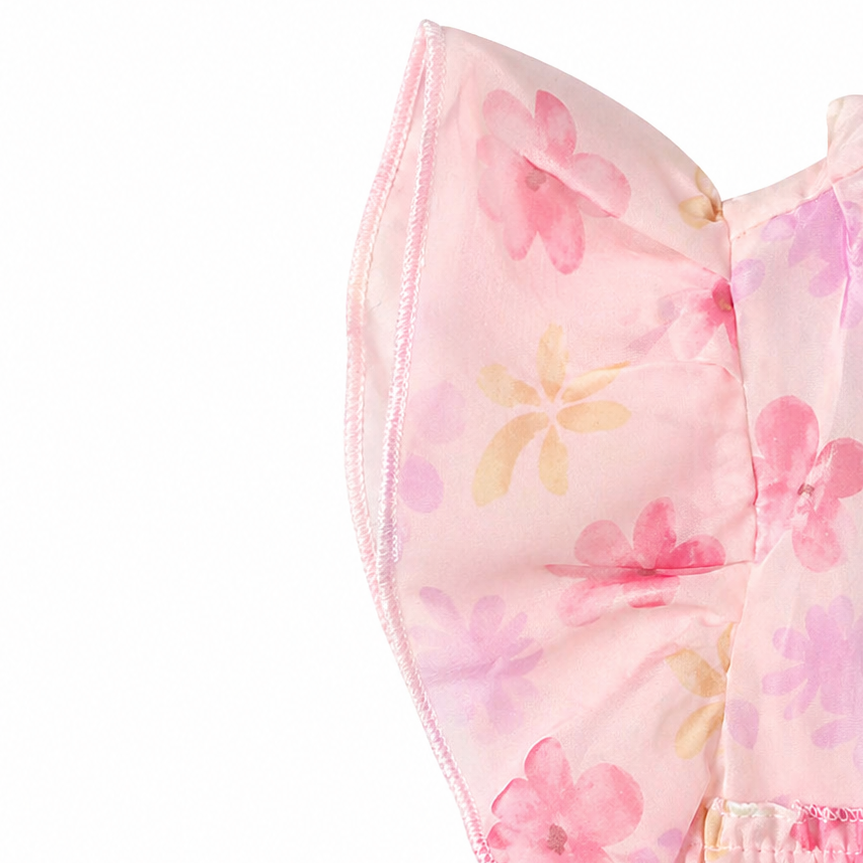 Floral dress with pink and yellow flowers on a white background