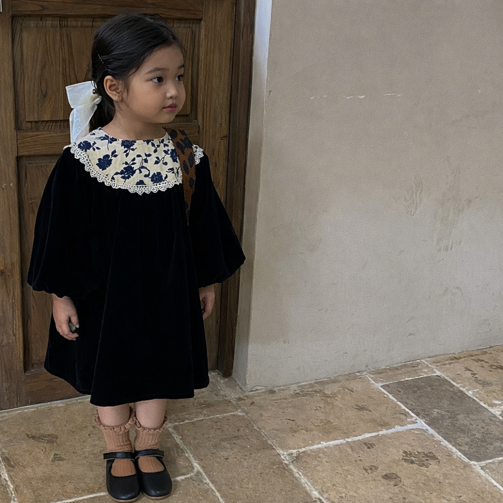 Black Petal Yoke Velvet Dress