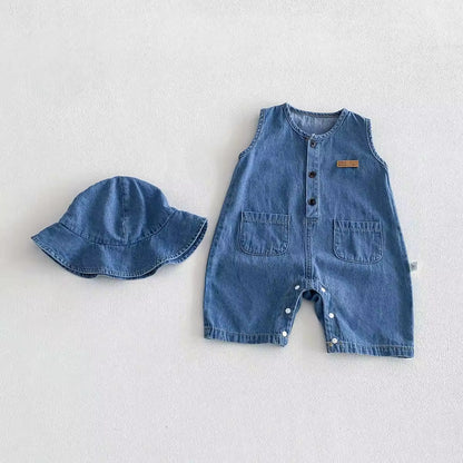 Little Maverick Denim Romper & Bucket Hat Set