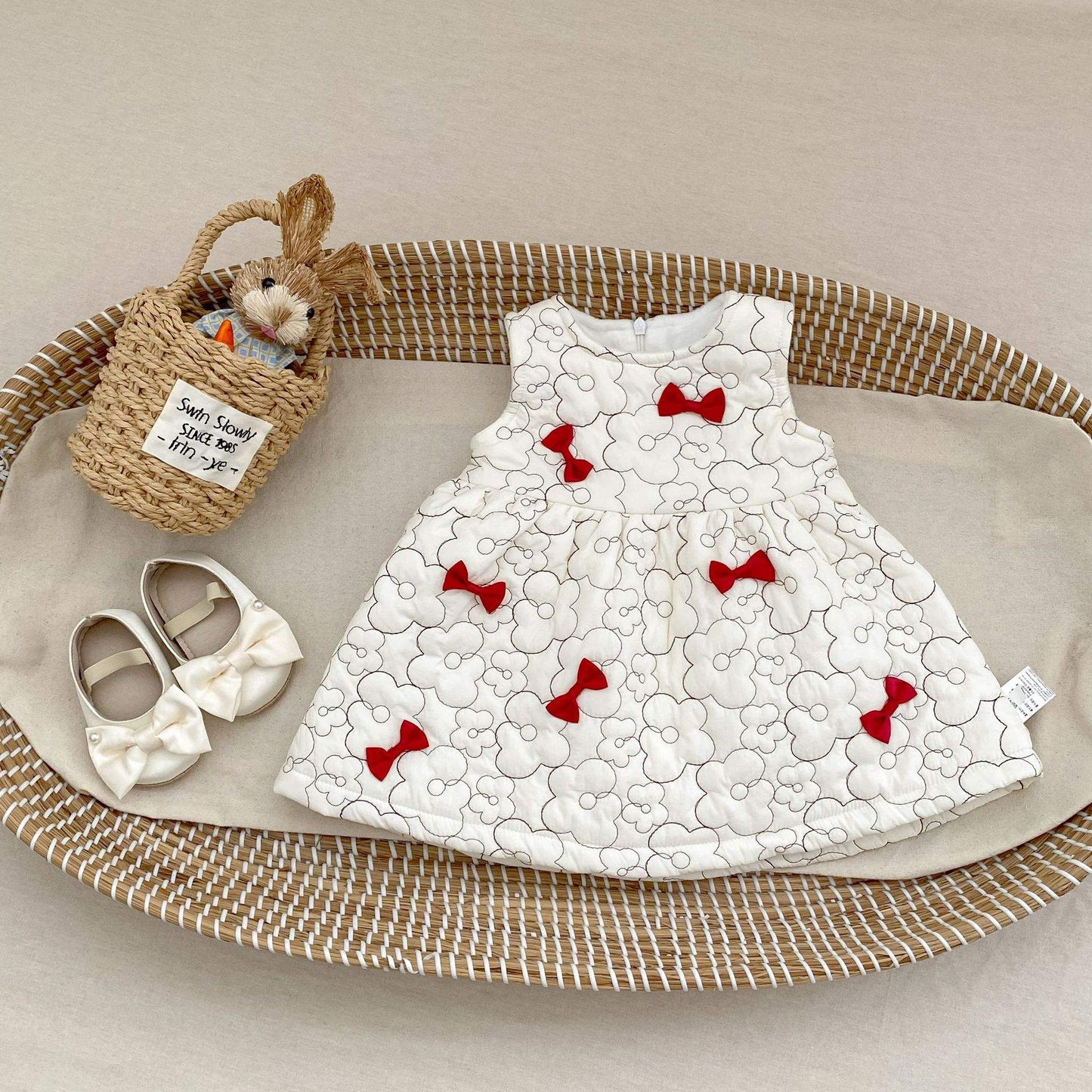 Winter Girls Plush Bow Dress | Quilted, Warm, Sleeveless & Fleece Lined