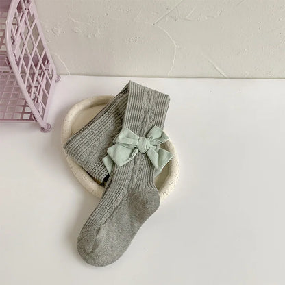Premium Knitted Cotton Stockings/Tights for girls with cute bow - Grey