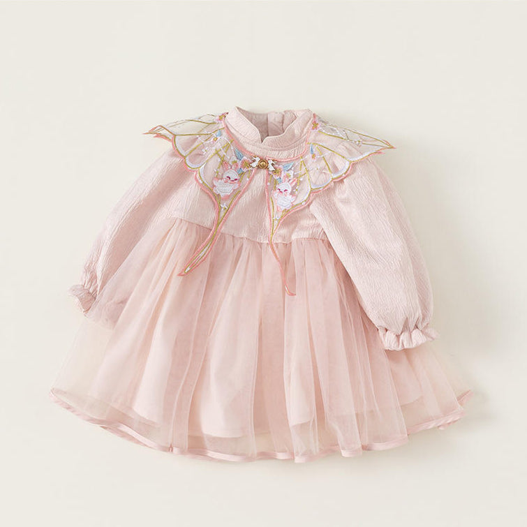 Pink dress with floral embroidery on a white background