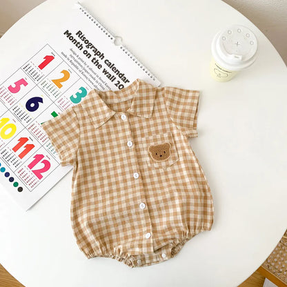 Cute Teddy Bear Romper: Checkered Short Sleeve for Baby Boys