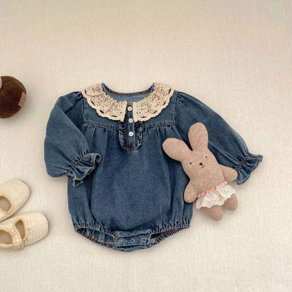 Vintage Lace Collar Denim Romper