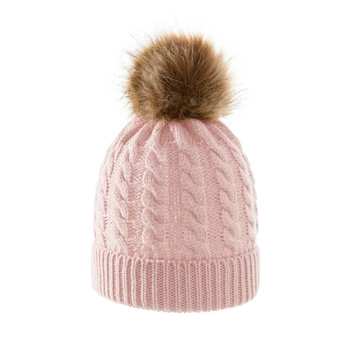 Thick Winter Baby Beanie Hats – Cable Knit with big Fur Pom-Pom