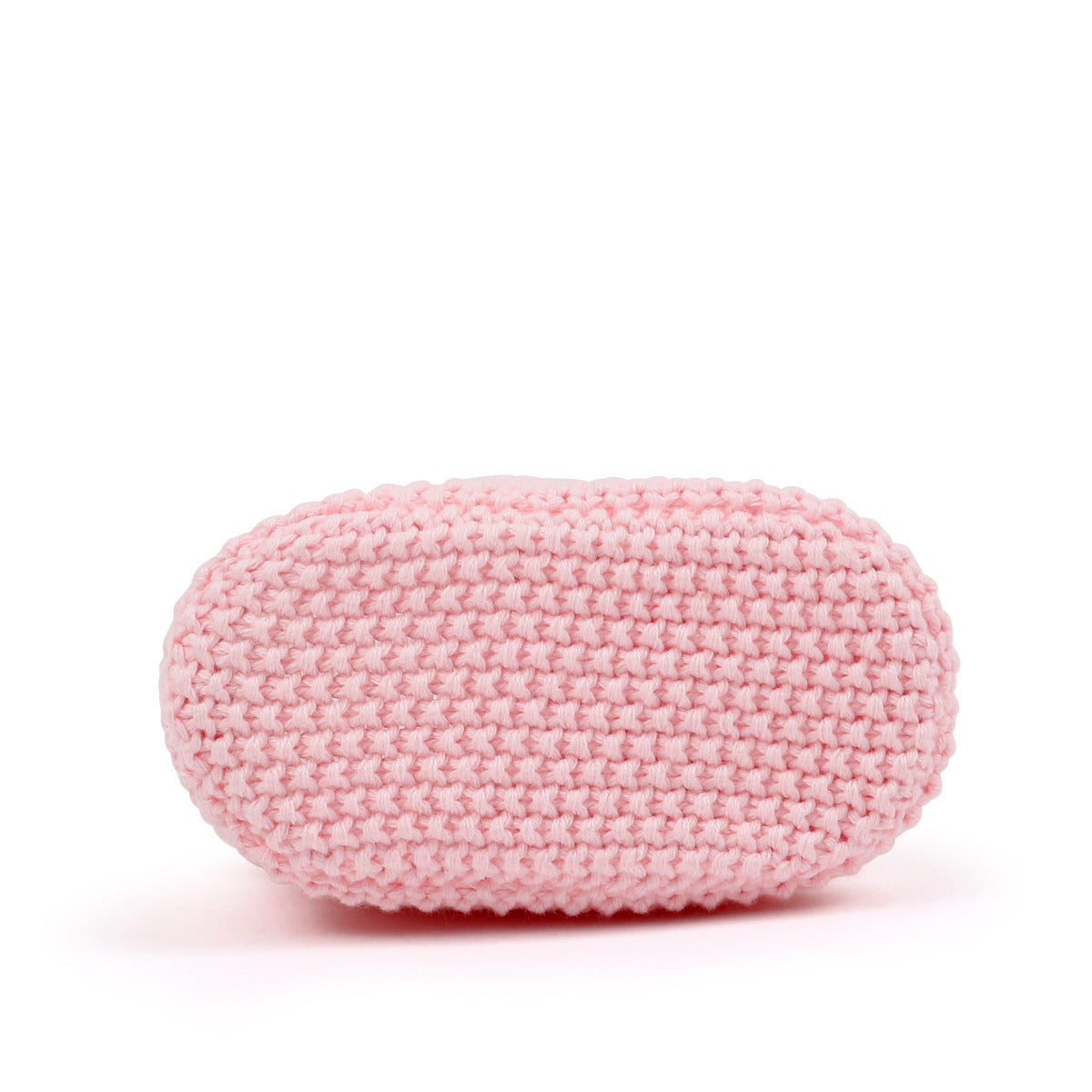 A light pink crocheted or knitted oval pouch with a textured knit pattern, shown on a clean white background.
