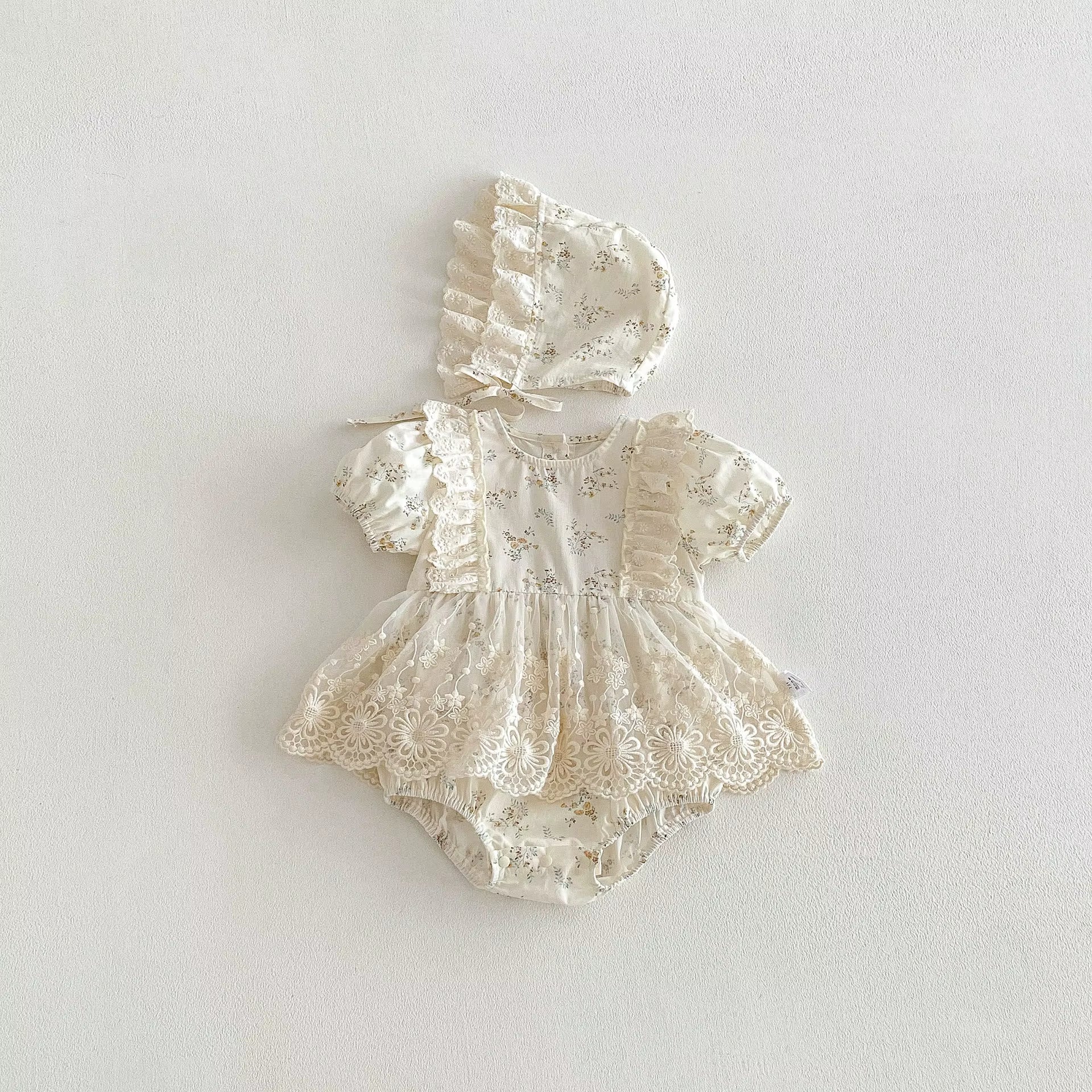 White lace baby romper with bonnet by crazy toes