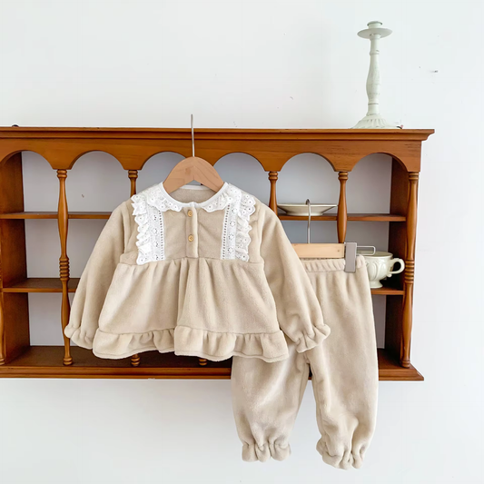 Warm and Cute Laced Velvet Fleece 2 piece Set
